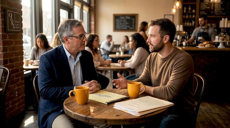 Attorney and client discuss paperwork in office