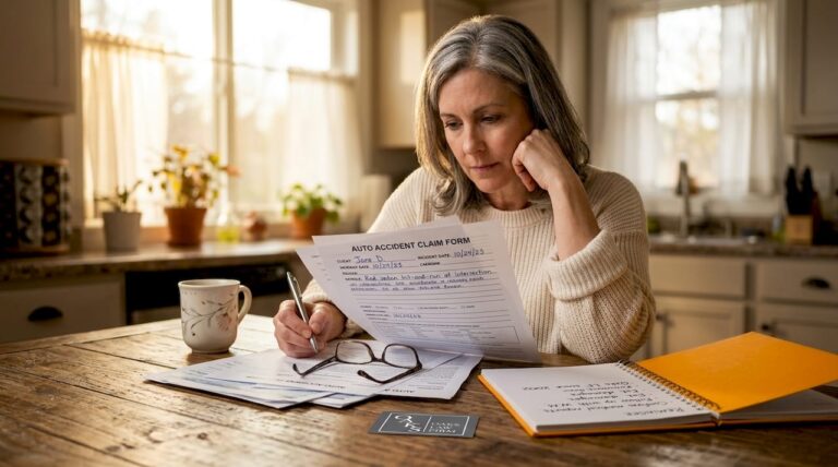 Woman reviewing accident paperwork at kitchen table