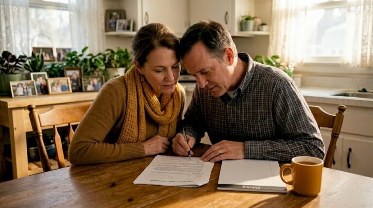 Couple reviewing wrongful death documents at home