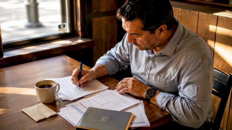 Hispanic man reviewing injury claim papers at home desk