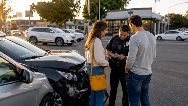 Car accident scene on Los Angeles street with police and vehicles