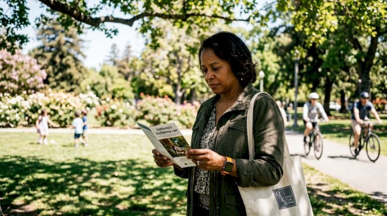 Woman reviewing parking law pamphlet at crosswalk