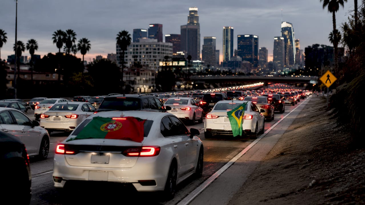 Congested freeway with FIFA fan vehicles in LA