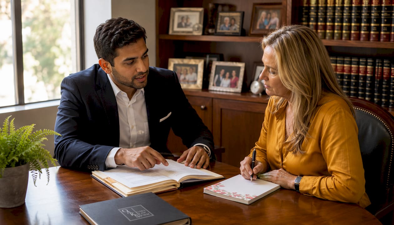 Attorney consulting client in law office