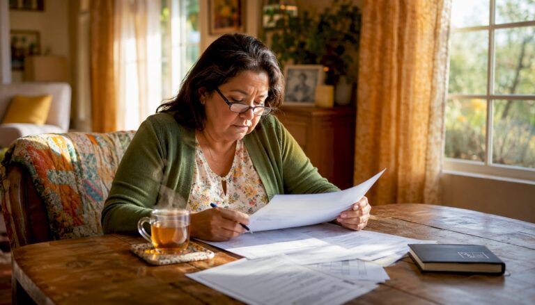 Woman reviewing insurance documents at home
