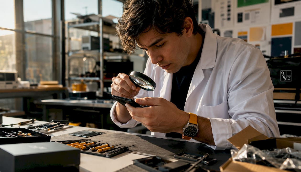 Technician examining defective product component on lab bench