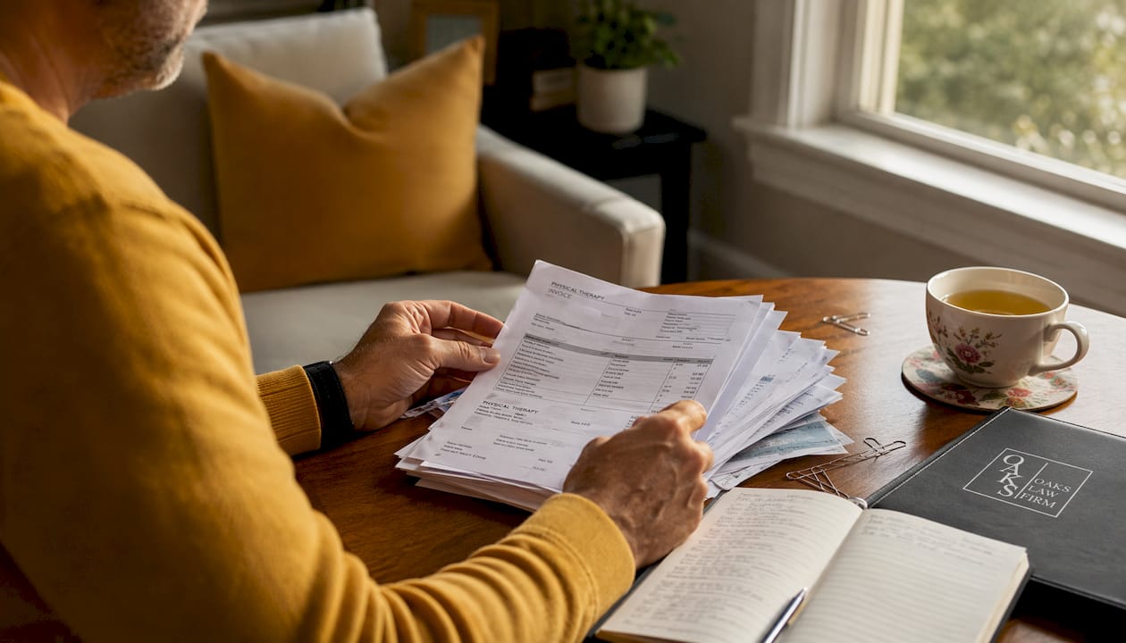 Hands reviewing personal injury medical records
