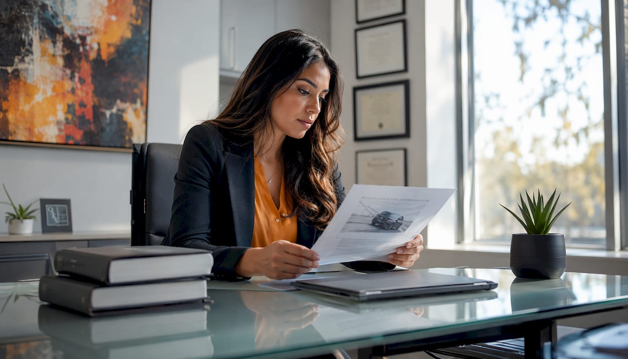 Attorney reviewing crash report in boutique office