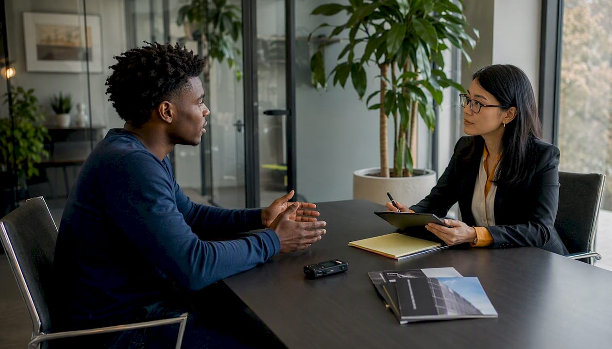 Client and attorney in consultation meeting