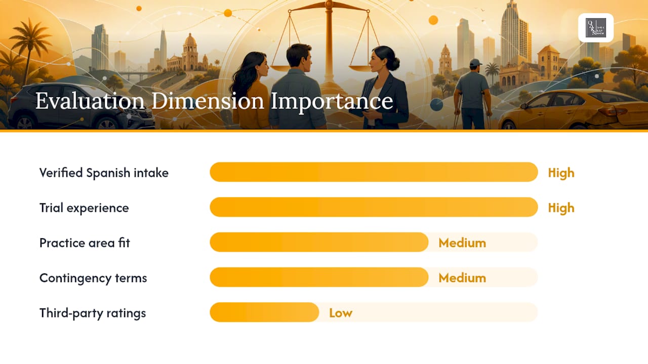 Diagram comparing evaluation criteria for multilingual personal injury lawyers