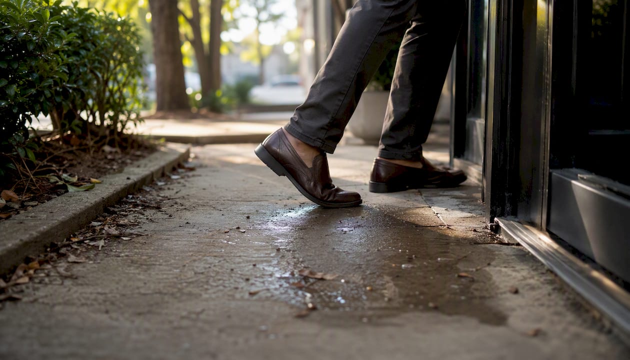 Pedestrian navigating obstructed pathway hazard