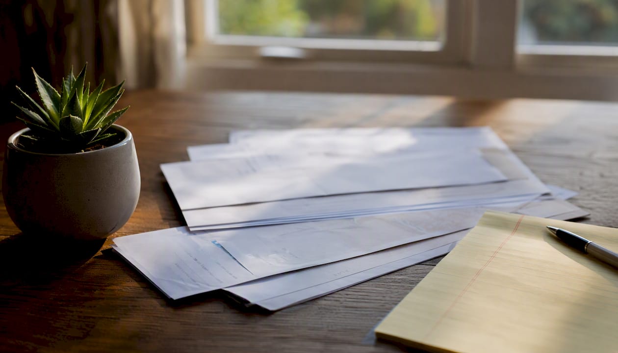 Medical bills and insurance papers on desk