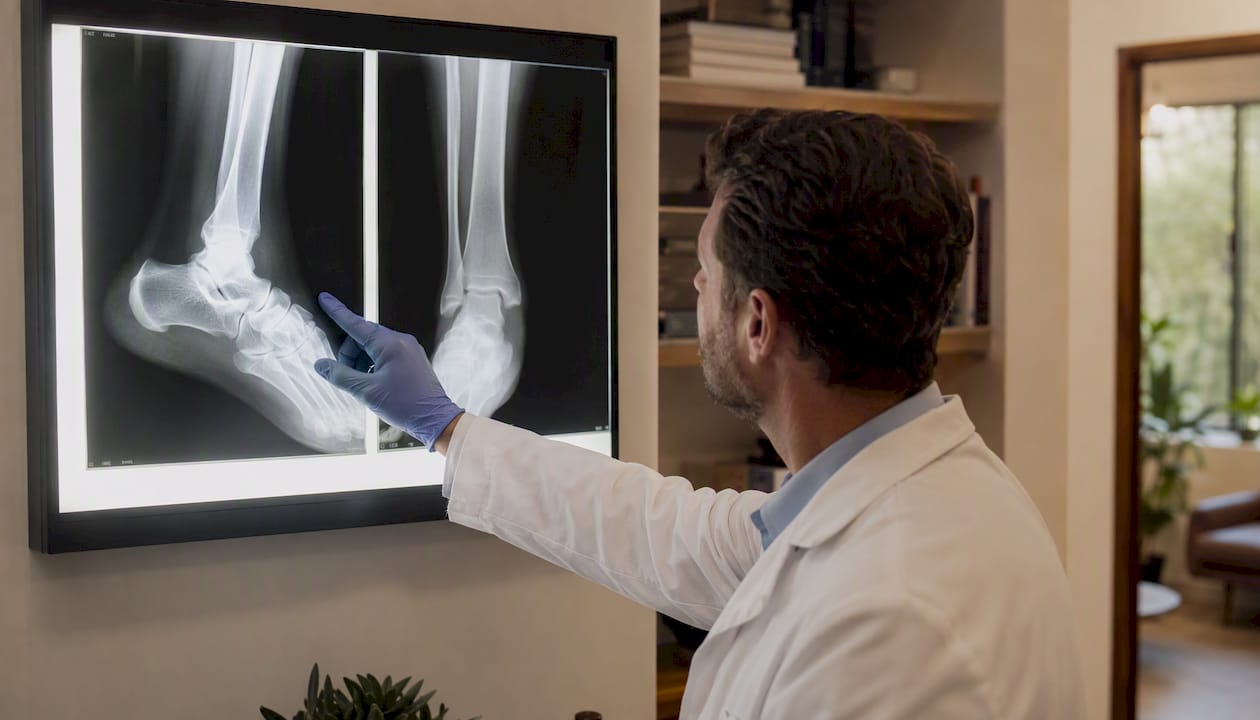 Doctor’s hand pointing at orthopedic x-ray film