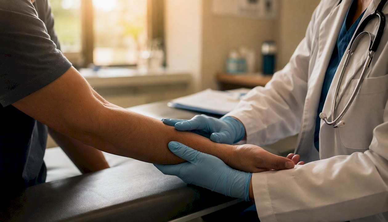 Medical professional examining patient's arm