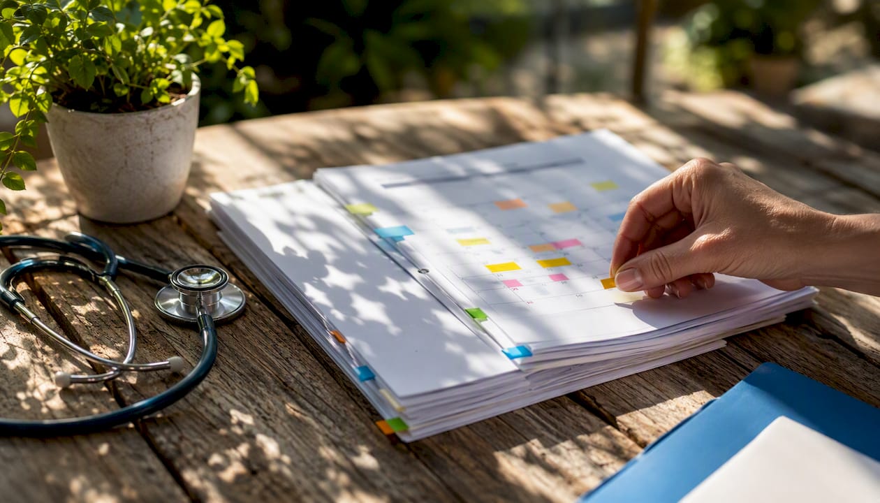 Hand arranging exhibit tabs on medical timeline