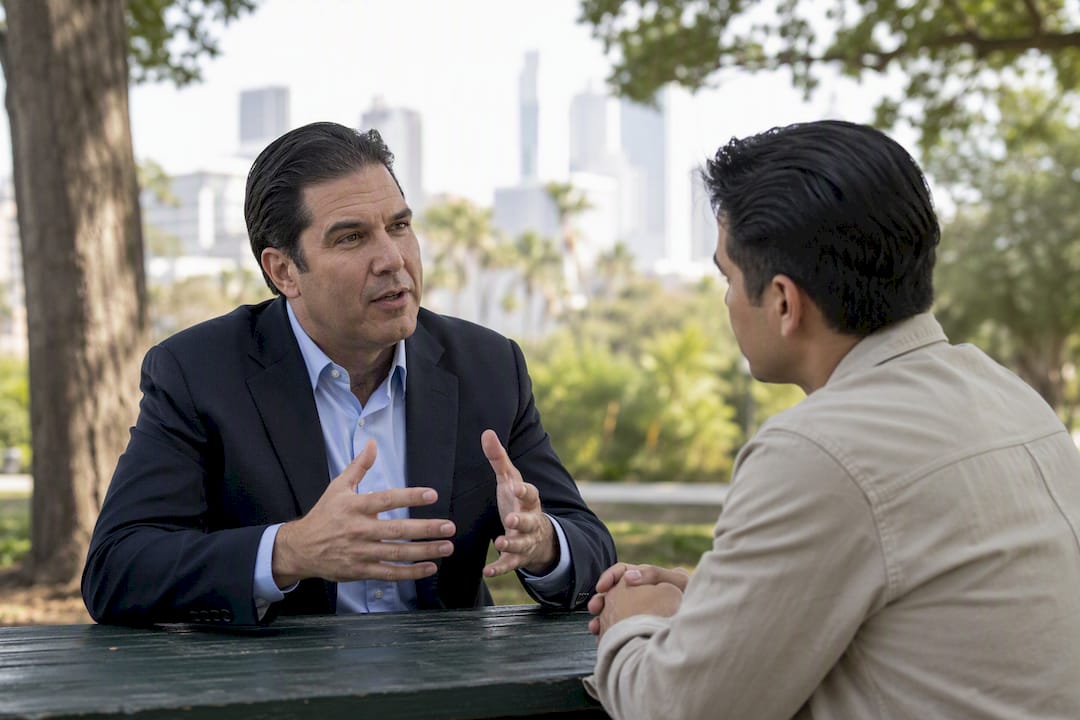 Attorney and client discussing lien management outdoors