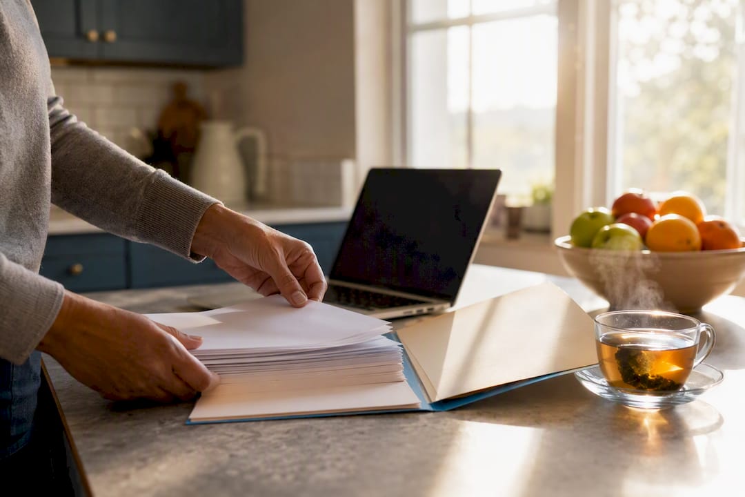 Home office desk with financial documents and hands