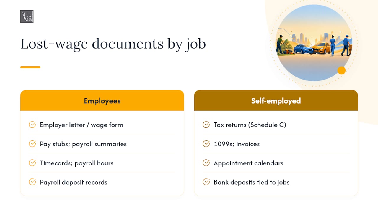 Infographic comparing lost wages documents for employees and self-employed