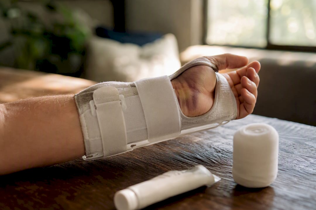 Swollen wrist immobilized in splint after fracture