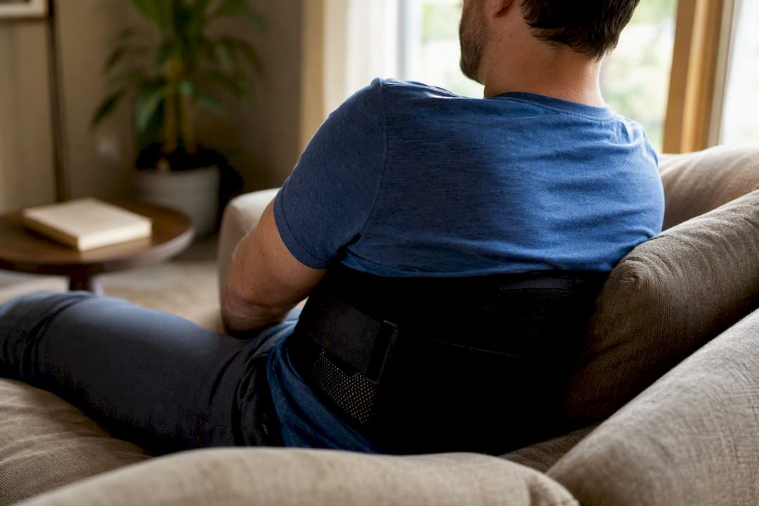 Person wearing back support brace for spinal injury