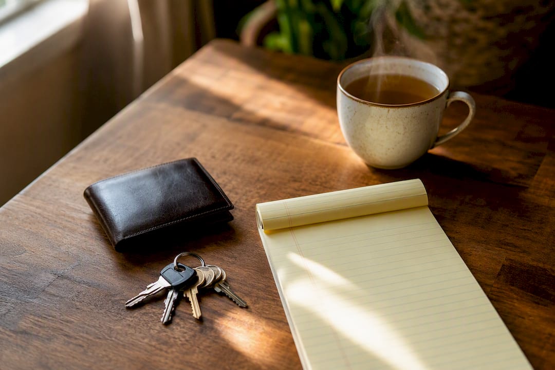 Desk with checklist preparation items for exam