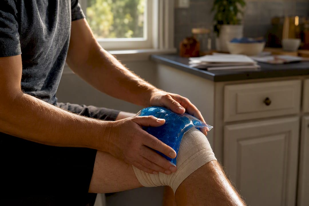 Applying cold compress to injured knee