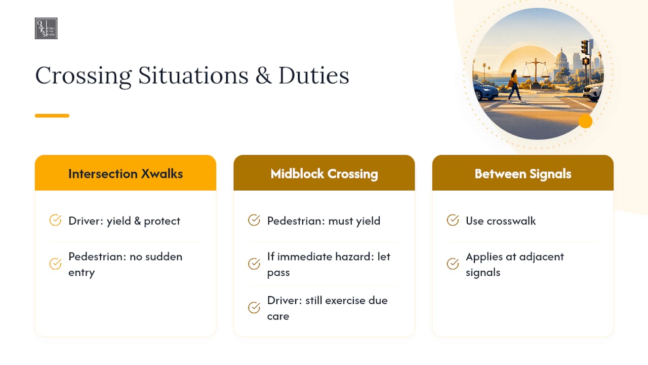 Three California pedestrian crossing rule scenarios