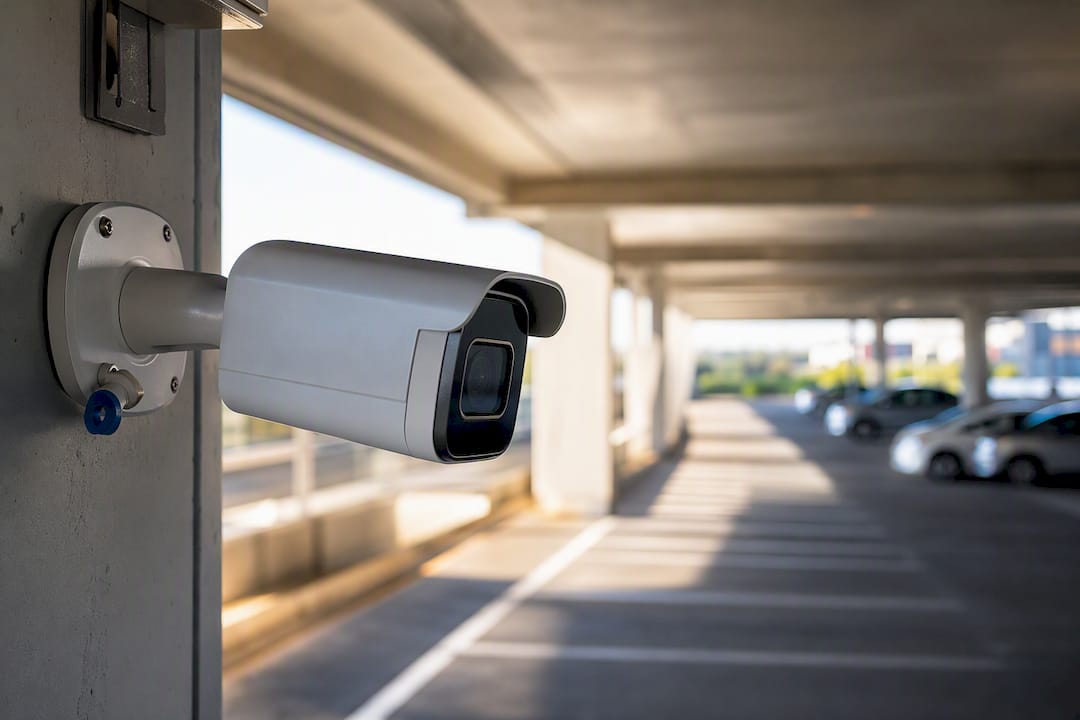 Security camera overlooking parking lot