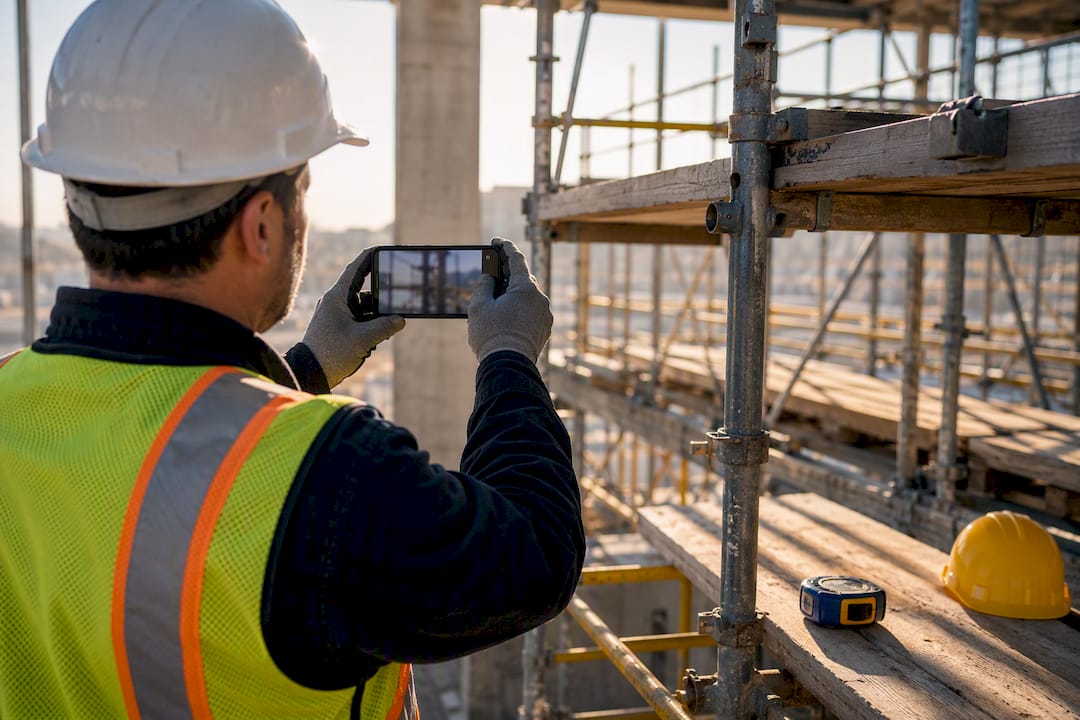Worker photographing scaffold condition for evidence