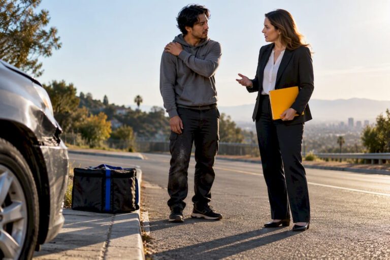 Delivery driver accident scene on California roadside